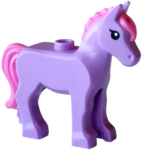 Horse, Foal with Stud on Back with Molded Dark Pink Tail and Long Mane with Hole and Printed Black Eyes with Eyelashes Pattern