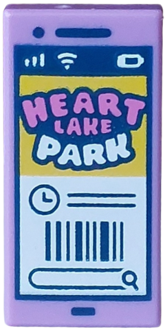 Tile 1 x 2 with Cell Phone / Smartphone with Black Entrance Barcode for Dark Pink and White 'HEART LAKE PARK' on Yellow Background Pattern