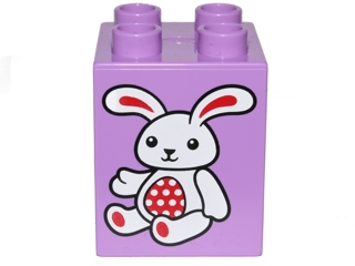 Duplo, Brick 2 x 2 x 2 with White and Red Bunny / Rabbit Pattern (10845)
