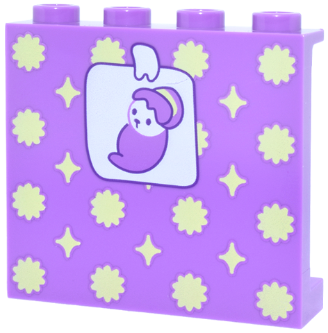 Panel 1 x 4 x 3 with Side Supports - Hollow Studs with Wallpaper with Bright Light Yellow Stars and Flowers, White Photo of Puppy Baby Doll Pattern