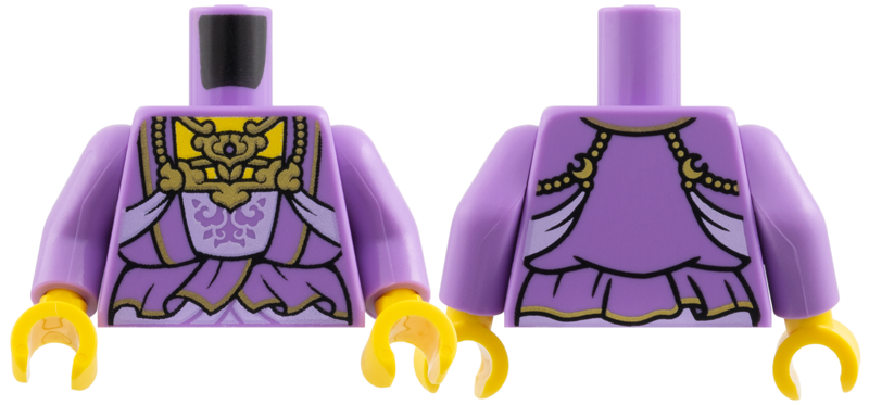 Medium lavender torso with a gold chestpiece and lavender ruffles, medium lavender arms, and yellow hands.