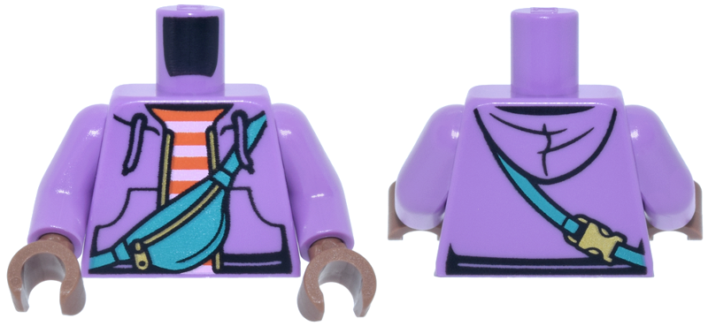 Medium lavender hoodie torso over a striped shirt with a turquoise bag, medium lavender arms, and medium brown hands.