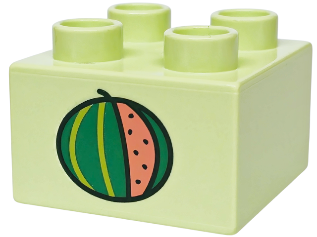 Duplo, Brick 2 x 2 with Coral, Lime and Bright Green Watermelon Pattern