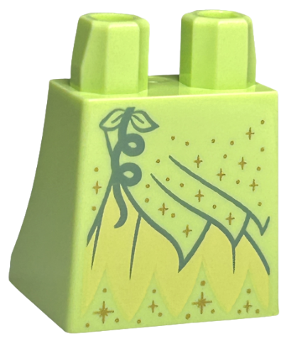 Lower Body, Skirt with Bright Light Yellow Dress with Layer with Sand Green Flower, Folds, and Gold Sparkles and Dots Pattern