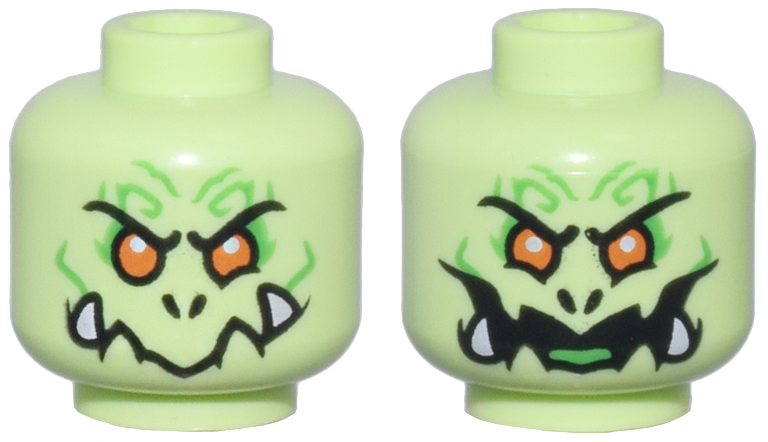 Minifigure, Head Dual Sided Alien with Orange Eyes, Nostrils, Bright Green Markings, White Bottom Fangs, Angry / Evil Open Mouth Smile with Tongue Pattern