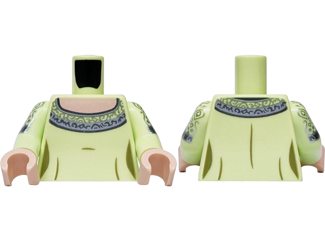 Yellowish green vest torso with yellowish green arms and light nougat hands, featuring silver filigree patterns.
