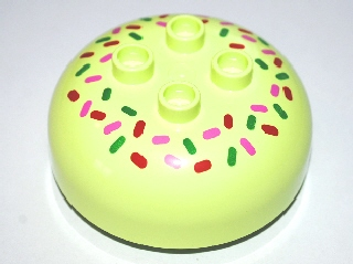 Duplo, Brick Round 4 x 4 Dome Top with 2 x 2 Studs with Dark Pink, Green, and Red Sprinkles Pattern
