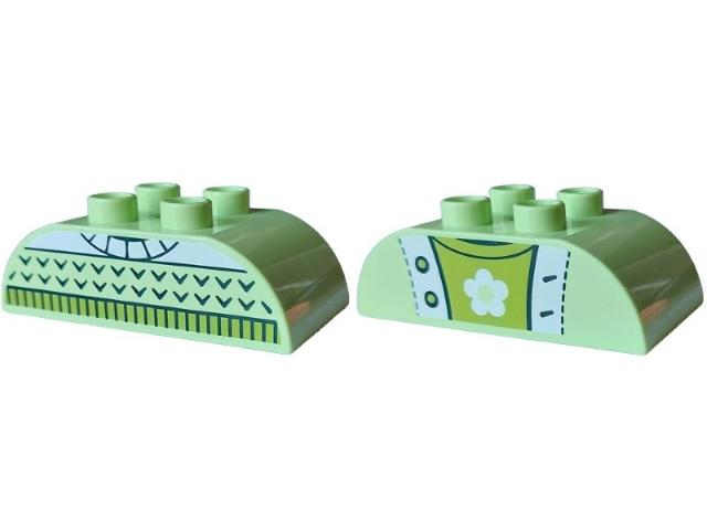 Duplo, Brick 2 x 4 Slope Curved Double with Knit Sweater with Lime Collar, White Top and Dark Green V / Open Jacket over T-Shirt with Flower Pattern