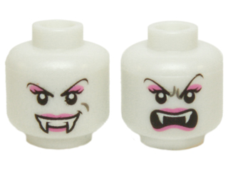 Minifigure, Head Dual Sided Alien Female Vampire with Black Thin Eyebrows, Double Eyelashes, Dark Pink Eye Shadow and Lips, Smile with Fangs and Dimple / Angry Open Mouth with Top Teeth Pattern