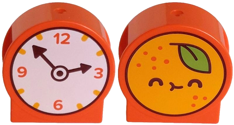 Duplo, Brick 1 x 2 x 2 Round Top, Cut Away Sides with White Clock Face, Dark Brown Hands, Bright Light Orange Fruit Face on Back with Lime Leave Pattern