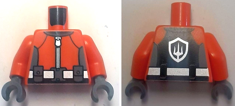 Torso Wetsuit, Dark Bluish Gray Panels, Silver Zipper, Belt with Buckle and Pouches, Trident Badge Logo on Back Pattern / Reddish Orange Arms / Dark Bluish Gray Hands