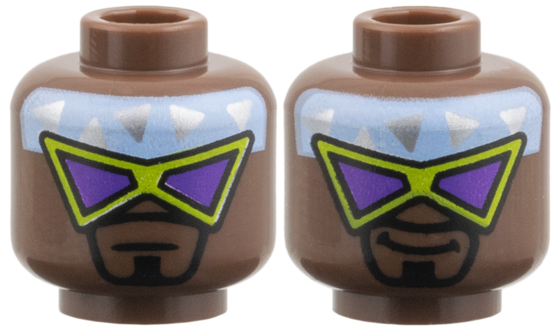 Umber minifigure head with a blue and silver headband, yellow glasses, and a black goatee, showing neutral and grinning expressions.