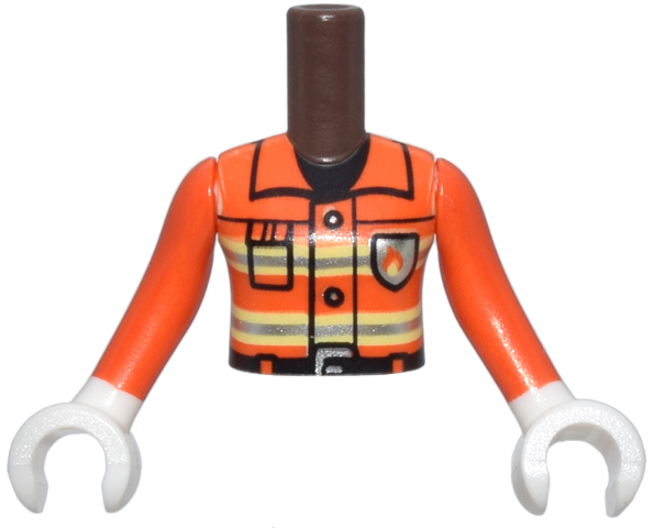 Torso Mini Doll Girl Reddish Orange Fire Suit Jacket with Bright Light Yellow and Silver Reflective Stripes, Buckle, Buttons and Fire Logo Badge, Black Belt, Collar and Pocket Pattern, Reddish Orange Arms / Sleeves with White Hands / Gloves