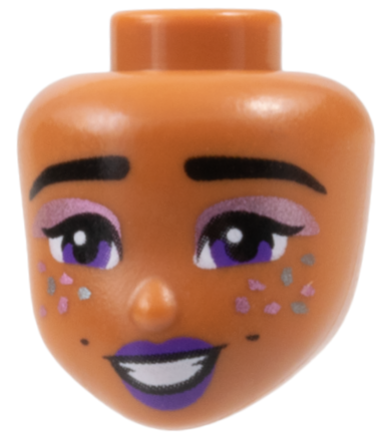 Mini Doll, Head Friends with Black Thick Eyebrows, Single Eyelashes, Dark Purple Eyes and Lips, Metallic Pink Eye Shadow, Metallic Light Blue Sparkles, Dimples, Open Mouth Smile with Teeth Pattern