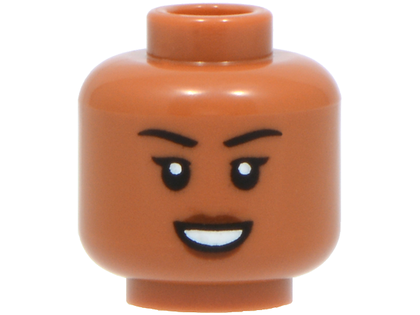 Minifigure, Head Female Black Eyebrows and Eyelashes, Reddish Brown Lips, Open Mouth Smile with Teeth Pattern