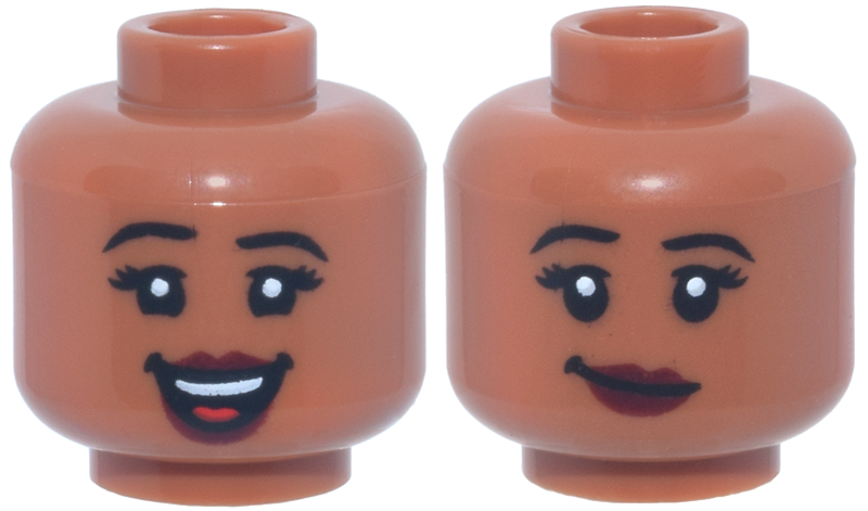 Sienna dual-sided female head with eyelashes and dark red lips, showing a smile with tongue and a smirk.