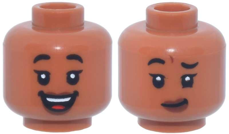 Sienna dual-sided head with black eyebrows, eyelashes, and a red tongue visible in an open mouth smile.