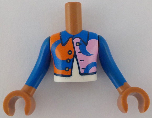 Torso Mini Doll Boy Bright Pink and Reddish Orange Jacket with Blue Shapes and Collar over White Shirt Pattern, Sienna Arms with Hands with Blue Long Sleeves