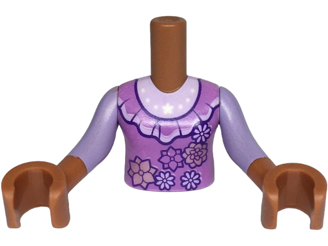 Torso Mini Doll Girl Medium Lavender Dress Top with Dark Purple Collar and Metallic Pink and Lavender Flowers over Shirt with White Stars Pattern, Sienna Arms with Hands with Lavender Sleeves