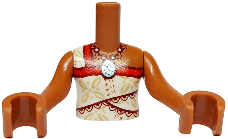 Torso Mini Doll Girl White and Red Top with Tan Flowers and Dark Red Hems, Beaded Necklace with Metallic Light Blue Pendant Pattern, Sienna Arms with Hands