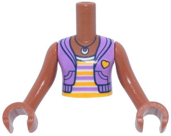 Torso Mini Doll Girl Medium Lavender Sleeveless Hoodie with Pockets and Heart over Bright Light Orange and White Striped Top and Black Necklace Pattern, Sienna Arms with Hands