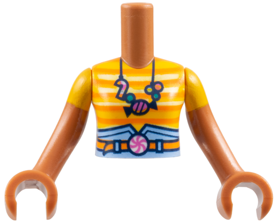 Torso Mini Doll Girl Bright Light Orange Striped T-Shirt, Bright Light Blue Skirt Top and Orange Belt with Candy Buckle and Necklace Pattern, Sienna Arms with Hands with Bright Light Orange Short Sleeves