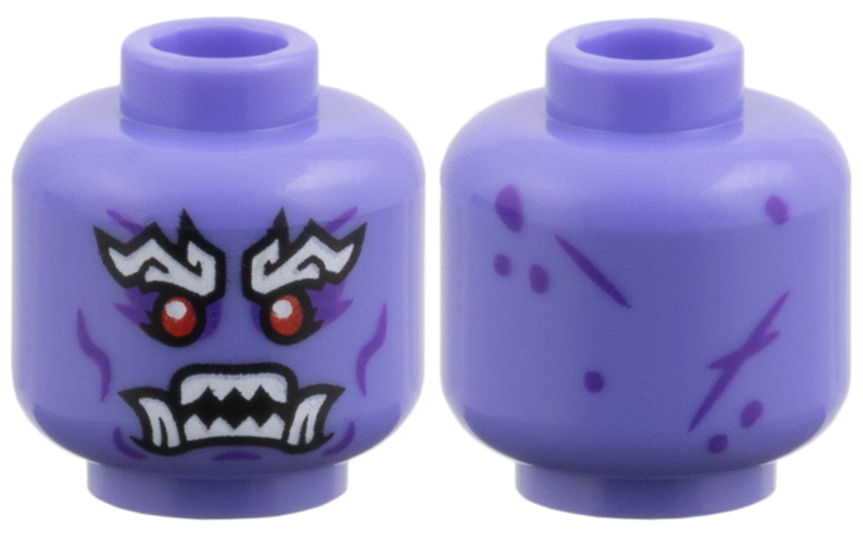 Minifigure, Head Alien Oni with White Bushy Eyebrows, Red Eyes, Dark Purple Eye Shadow, Cheek Lines, Chin Dimple, Scrapes and Spots, Angry Open Mouth with Sharp Teeth Parted and Lower Fangs Pattern in Blue Violet