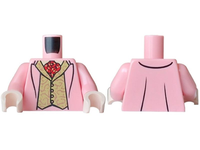 Warm pink torso with pink arms and light nougat hands. Features a pink jacket over a patterned gold vest and red tie.