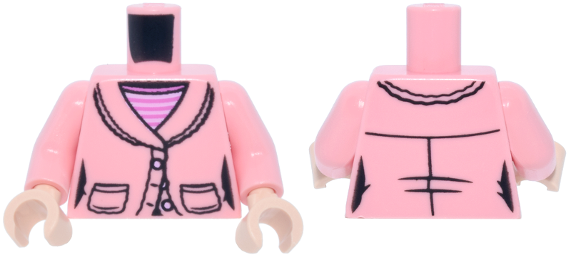 Warm pink torso with warm pink arms and light nougat hands. Features a pink jacket over a striped pink shirt.
