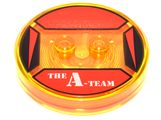 Dimensions Toy Tag 4 x 4 x 2/3 with 2 Studs and Trans-Orange Bottom with White 'THE A-TEAM' on Red Background Pattern (B.A Baracus)