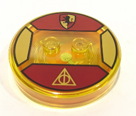 Dimensions Toy Tag 4 x 4 x 2/3 with 2 Studs and Trans-Orange Bottom with Hogwarts Gryffindor Crest and Gold Deathly Hallows Symbol on Dark Red Background Pattern (Hermione Granger)