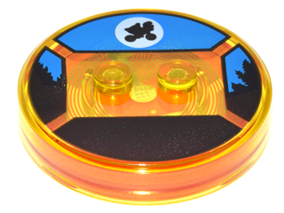 Dimensions Toy Tag 4 x 4 x 2/3 with 2 Studs and Trans-Orange Bottom with Black Bicycle Silhouette in White Circle on Blue Background Pattern (E.T.)