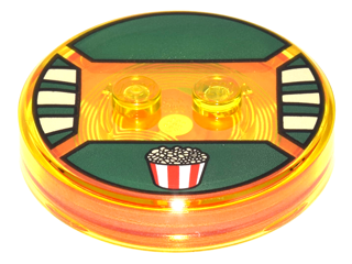 Dimensions Toy Tag 4 x 4 x 2/3 with 2 Studs and Trans-Orange Bottom with Red and White Popcorn Bucket on Dark Green Background Pattern (Stripe)