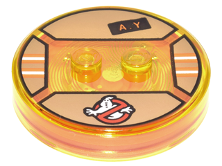 Dimensions Toy Tag 4 x 4 x 2/3 with 2 Studs and Trans-Orange Bottom with Ghostbusters Logo and Black Patch with Orange 'A.Y' on Dark Tan Background Pattern (Abby Yates)