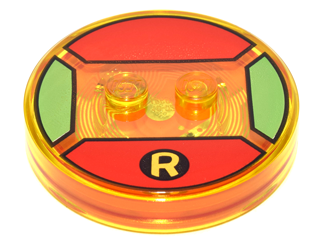 Dimensions Toy Tag 4 x 4 x 2/3 with 2 Studs and Trans-Orange Bottom with Yellow Capital Letter R in Black Circle on Red Background Pattern (Robin)
