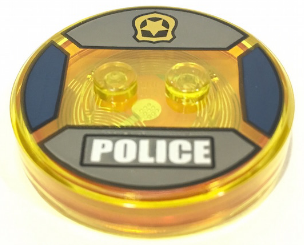 Dimensions Toy Tag 4 x 4 x 2/3 with 2 Studs and Trans-Orange Bottom with Gold Star Police Badge and White 'POLICE' in Black Rectangle on Dark Bluish Gray Background Pattern (Chase McCain)