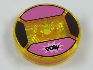 Dimensions Toy Tag 4 x 4 x 2/3 with 2 Studs and Trans-Orange Bottom with Black 'POW' in Bright Pink Starburst on Dark Pink Background Pattern (Blossom)