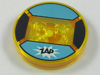 Dimensions Toy Tag 4 x 4 x 2/3 with 2 Studs and Trans-Orange Bottom with Black 'ZAP' in White Starburst on Medium Azure Background Pattern (Bubbles)