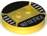 Dimensions Toy Tag 4 x 4 x 2/3 with 2 Studs and Trans-Orange Bottom with White 'BEETLEJUICE' and Stripes on Black Background Pattern (Beetlejuice)