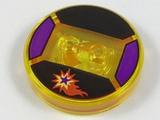 Dimensions Toy Tag 4 x 4 x 2/3 with 2 Studs and Trans-Orange Bottom with Dark Purple, Red, and Yellow Flaming Star on Black Background Pattern (Starfire)