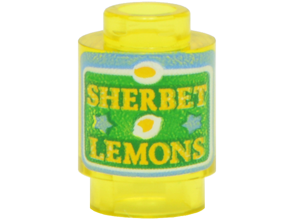Brick, Round 1 x 1 with Green and Medium Blue Label with Yellow 'SHERBET LEMONS' Pattern