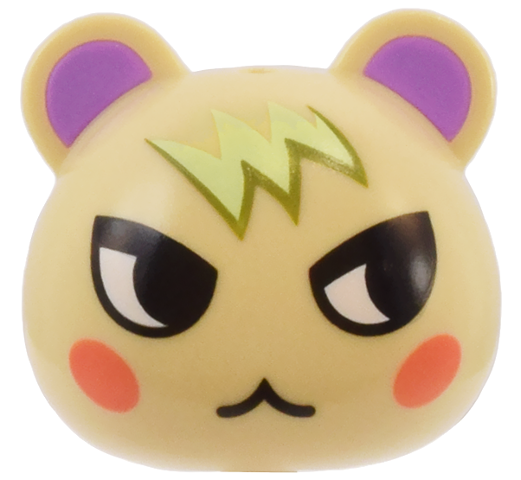 Minifigure, Head, Modified Squirrel / Cub with Ears with Molded Medium Lavender Auricles and Printed Black Eyes, Coral Cheeks, and Yellowish Green and Olive Green Fur Pattern