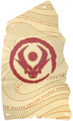 Cloth Sail 16 1/2 x 28 with Dark Red Circle, Dragon Head and Orb, Dark Orange Repeating Ninjago Logogram 'TEMPLE BOUNTY' and Dark Tan Scales Pattern