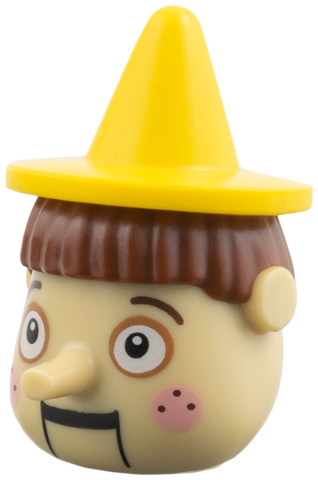 Minifigure, Head, Modified with Yellow Pointed Hat, Reddish Brown Hair, Long Nose Pattern (Pinocchio)