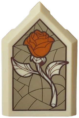 Tile, Modified 2 x 3 Pentagonal with Dark Brown Stained Glass Window with Dark Orange Rose on Dark Tan Background Pattern