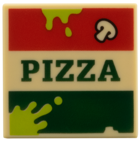 Tile 2 x 2 with Garbage Pizza Box, Red and Dark Green Stripes 'PIZZA', Mushroom, Lime Splotches Pattern