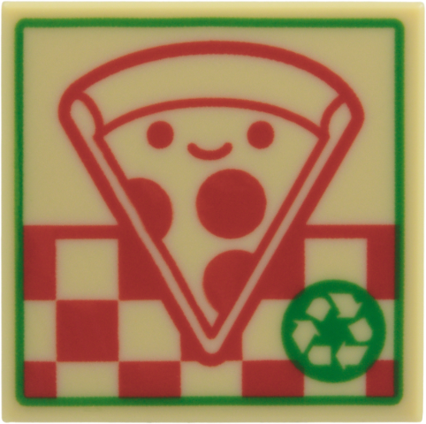 Tile 2 x 2 with Pizza Box with Red Smiling Pepperoni Pizza Slice, Checkered, Green Border and Recycle Symbol Pattern