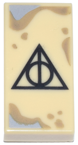 Tile 1 x 2 with Black Triangle, Line, and Circle Symbol, Dark Tan and Light Bluish Gray Splatters and Stains Pattern (HP Sign of the Deathly Hallows)