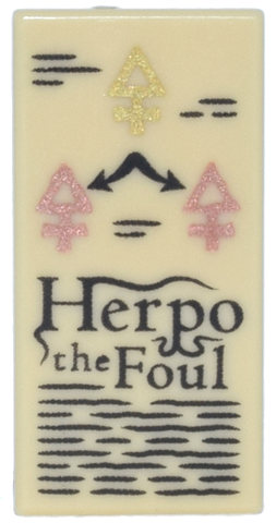 Tile 1 x 2 with Book Page with Black Text and 'Herpo the Foul' and Gold and Copper Arcane Symbols Pattern