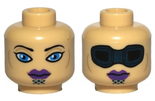 Minifigure, Head Dual Sided Alien with Black Thin Eyebrows, Single Eyelashes, Large Blue Eyes, Dark Blue Chin Markings, Dark Purple Lips, Neutral / Protective Eye Mask Pattern